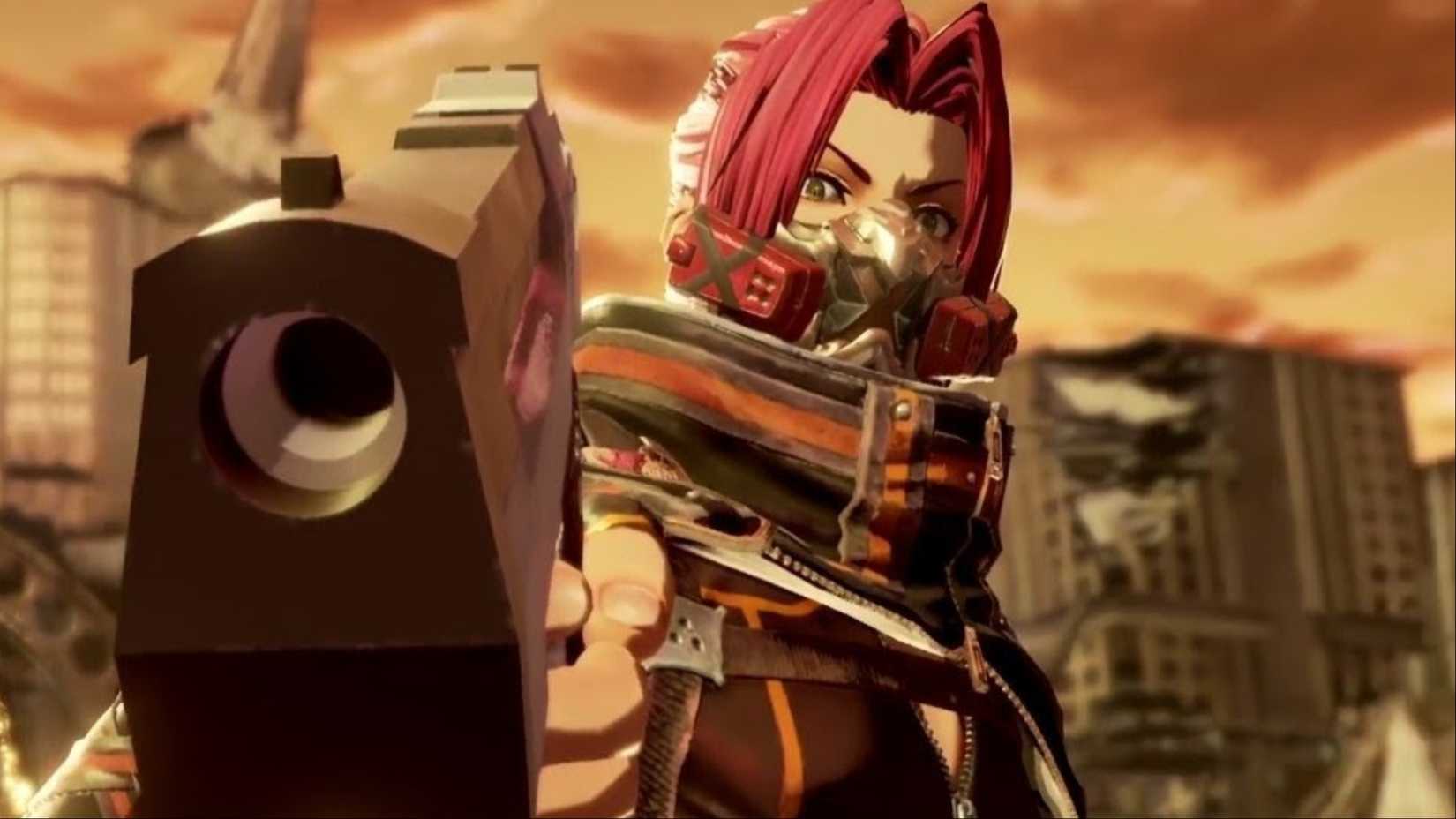 Yakumo aiming his massive hand cannon at the camera in Code Vein.