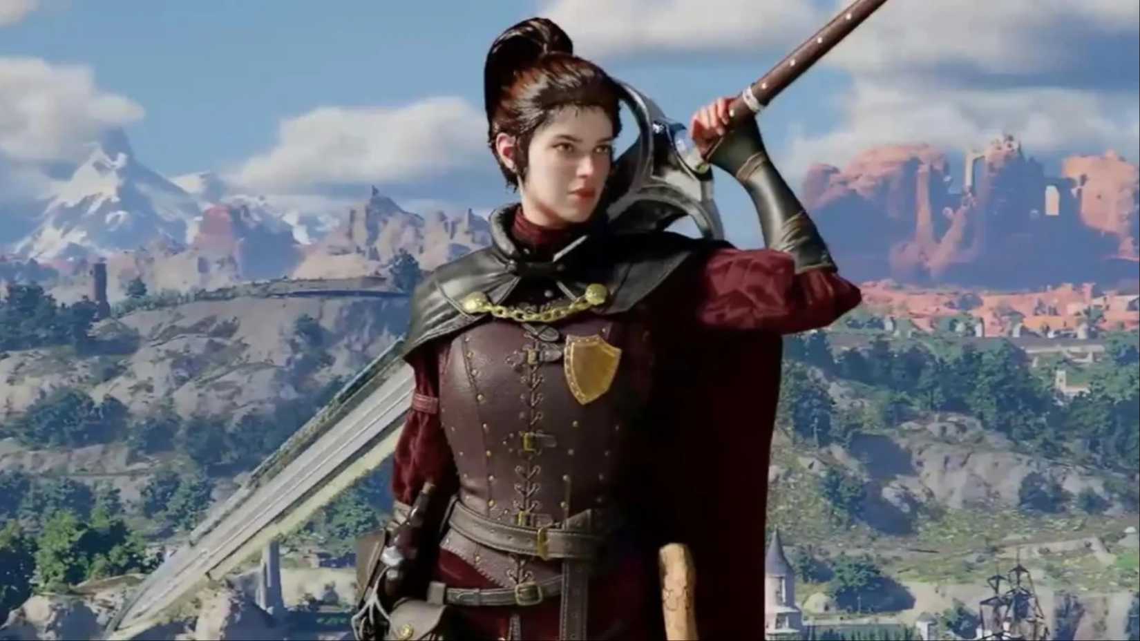 Damiane reaching for her Great Sword in the Crimson Desert.