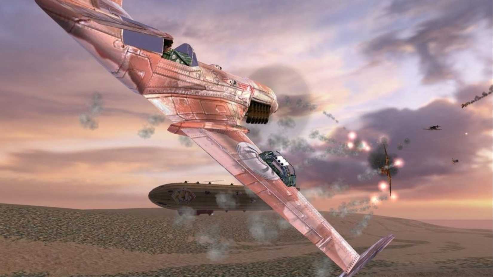An intense dogfight between several planes in the crimson sky.