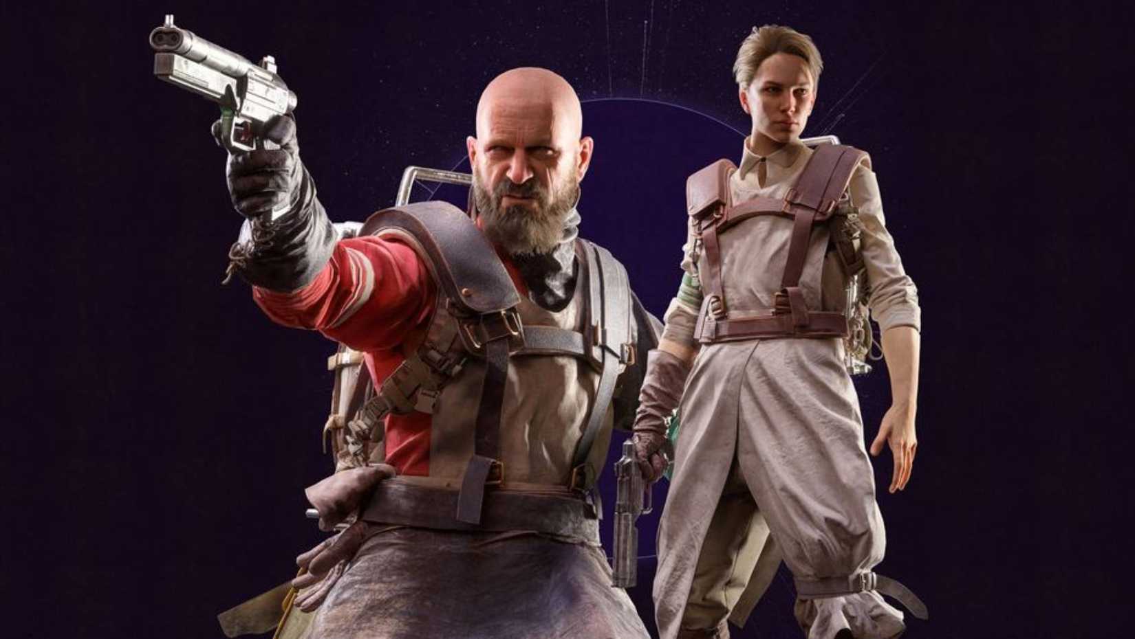 A woman wearing a Devotee Set costume from Arc Raiders and a bearded man pointing a gun.