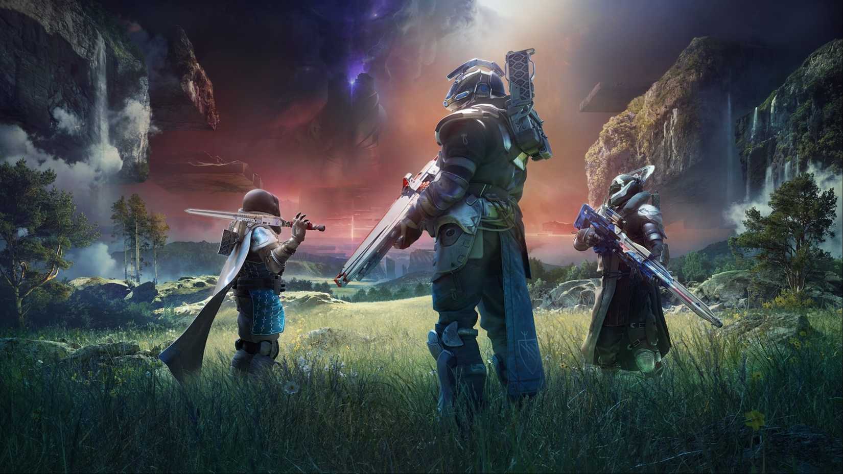 A Hunter, Titan, and Warlock standing in a large open field in Destiny 2.