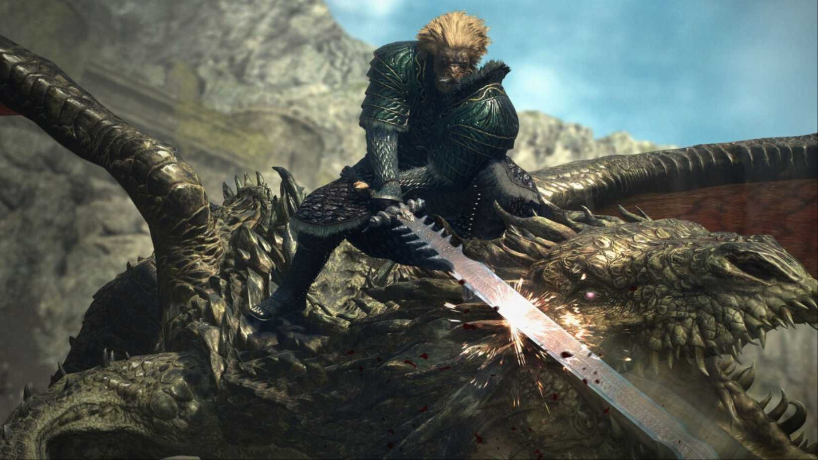A Pawn delivering a devastating slash on a dragon's face with his greatsword in Dragon's Dogma 2.