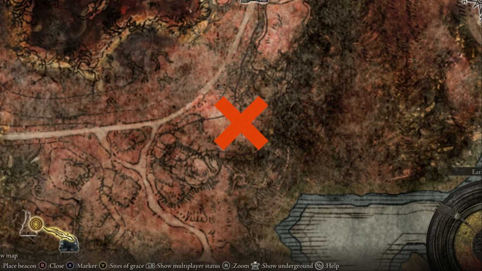 The exact location, marked with an X, of a Death Rite Bird in the Caelid region of Elden Ring.