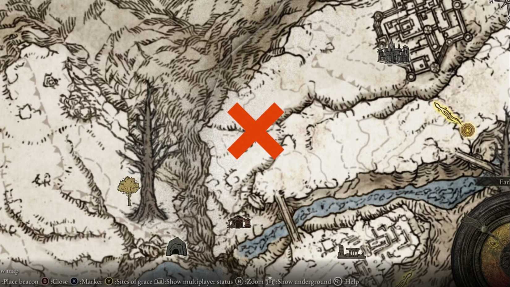 An overview of a Death Right Bird's location in Central Mountaintops of the Giants in Elden Ring.