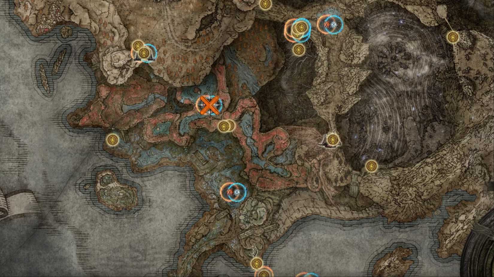 An overview of Charo's Hidden Grave, with an X marking the spot of a Death Rite Bird in Elden Ring: Shadow of the Erdtree.