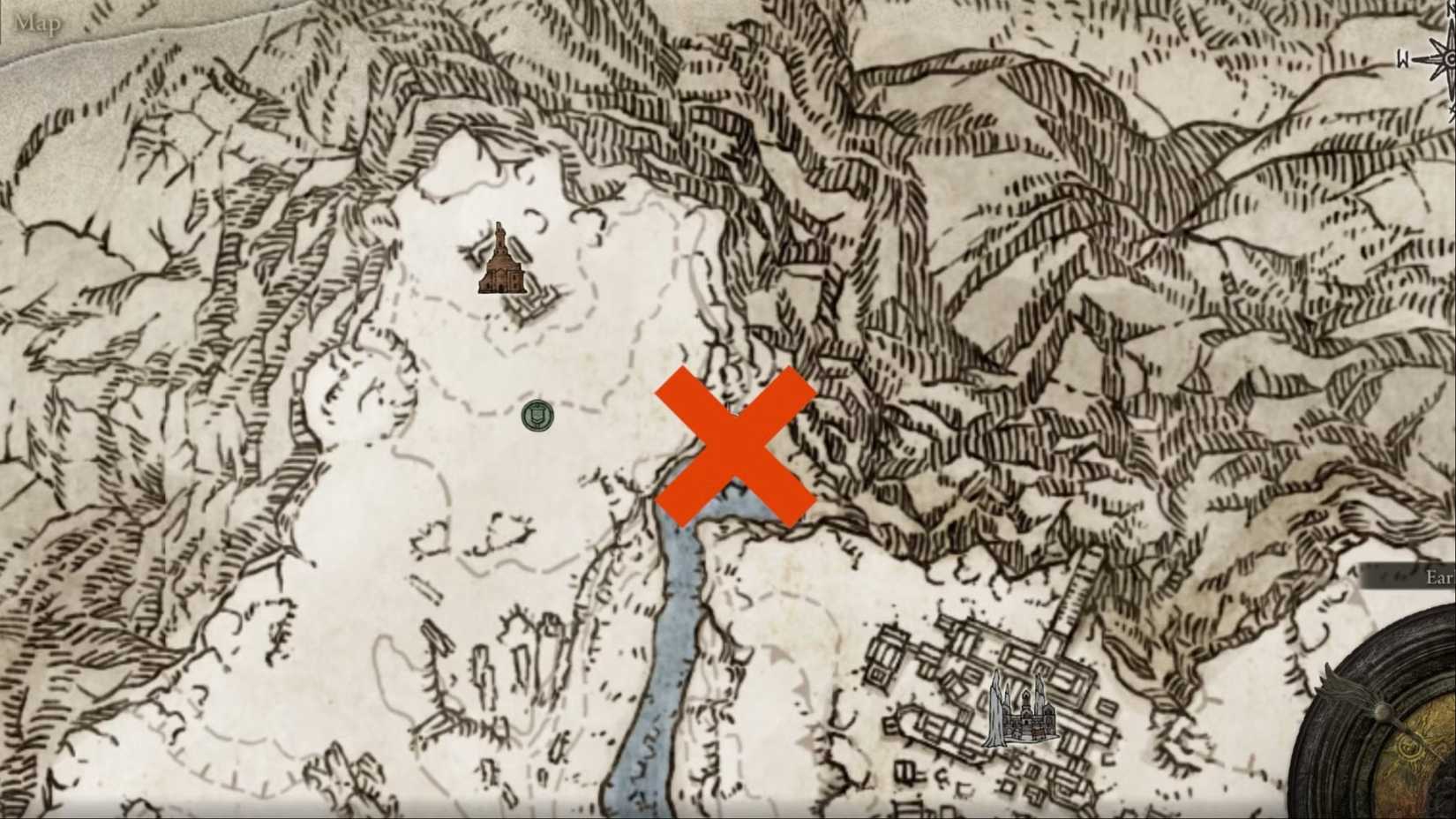An X marking the spot of a Death Rite Bird in the Mountaintops of the Giants region in Elden Ring.