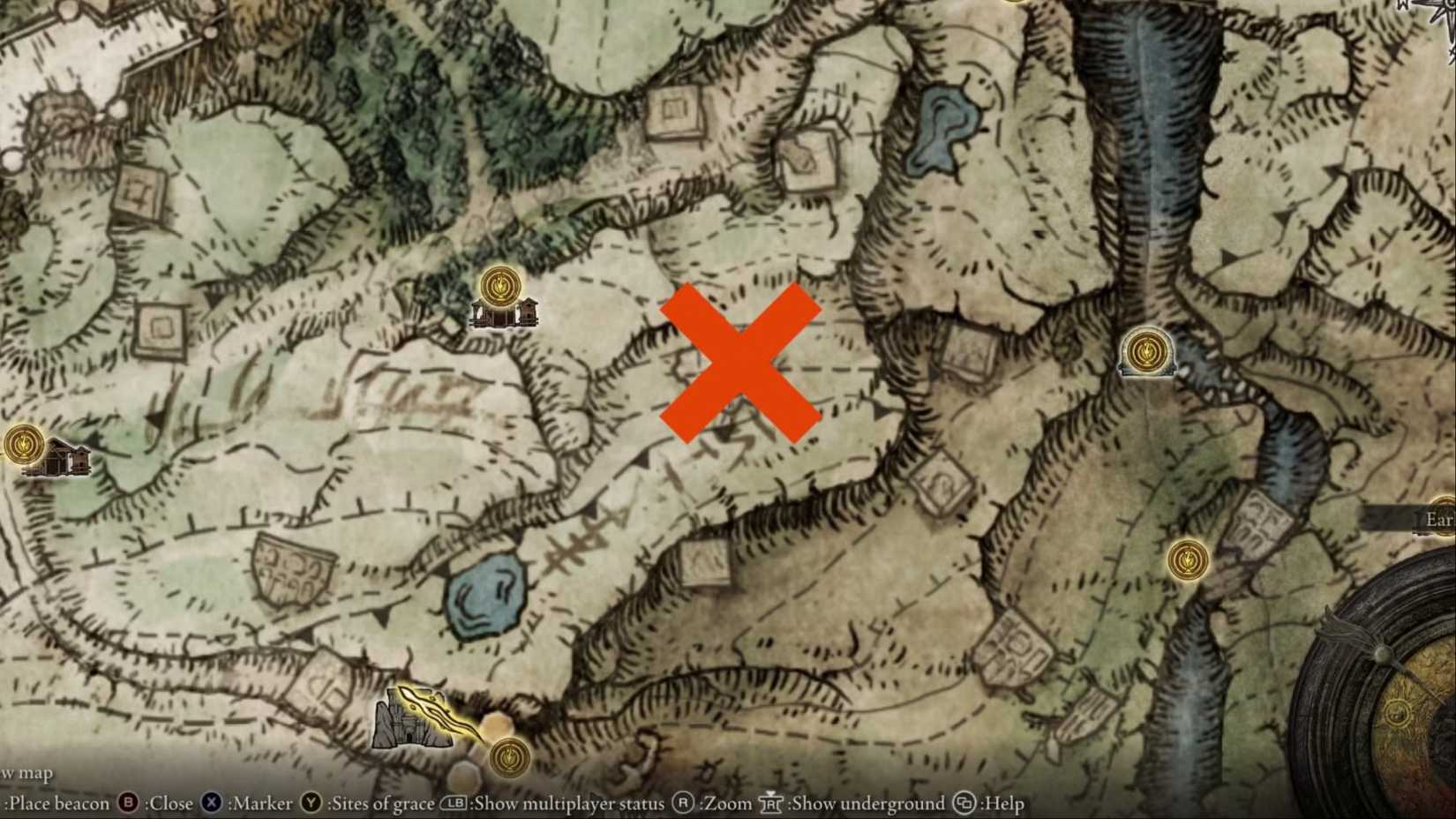 A look at a Deathbird's location in the Limgrave region of Elden Ring, marked with a large red X.