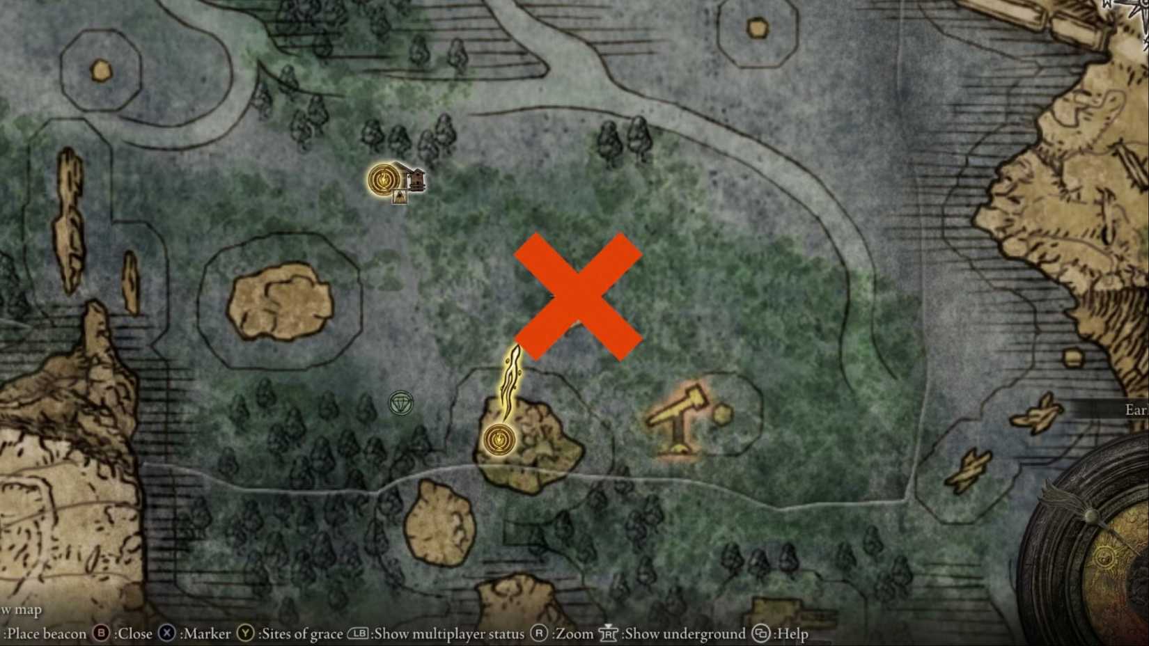 Marking the location of a Deathbird, with a large red X, in the Liurnia of the Lakes region in Elden Ring.