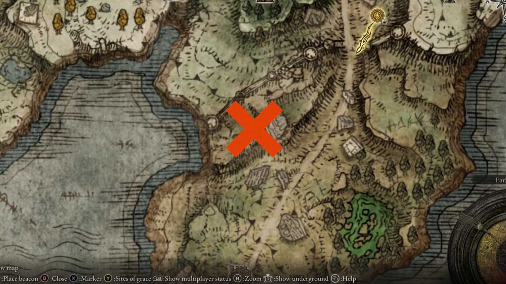 An overview of the Weeping Peninsula region of Elden Ring, with a big bright red X marking the location of a Deathbird.