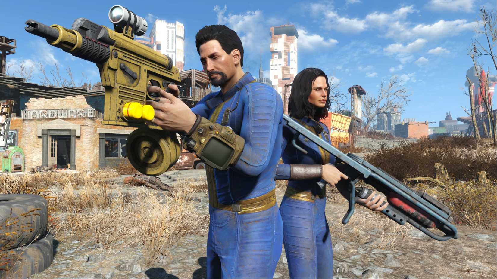 Male and female Vault Dwellers standing in a row in Fallout 4.