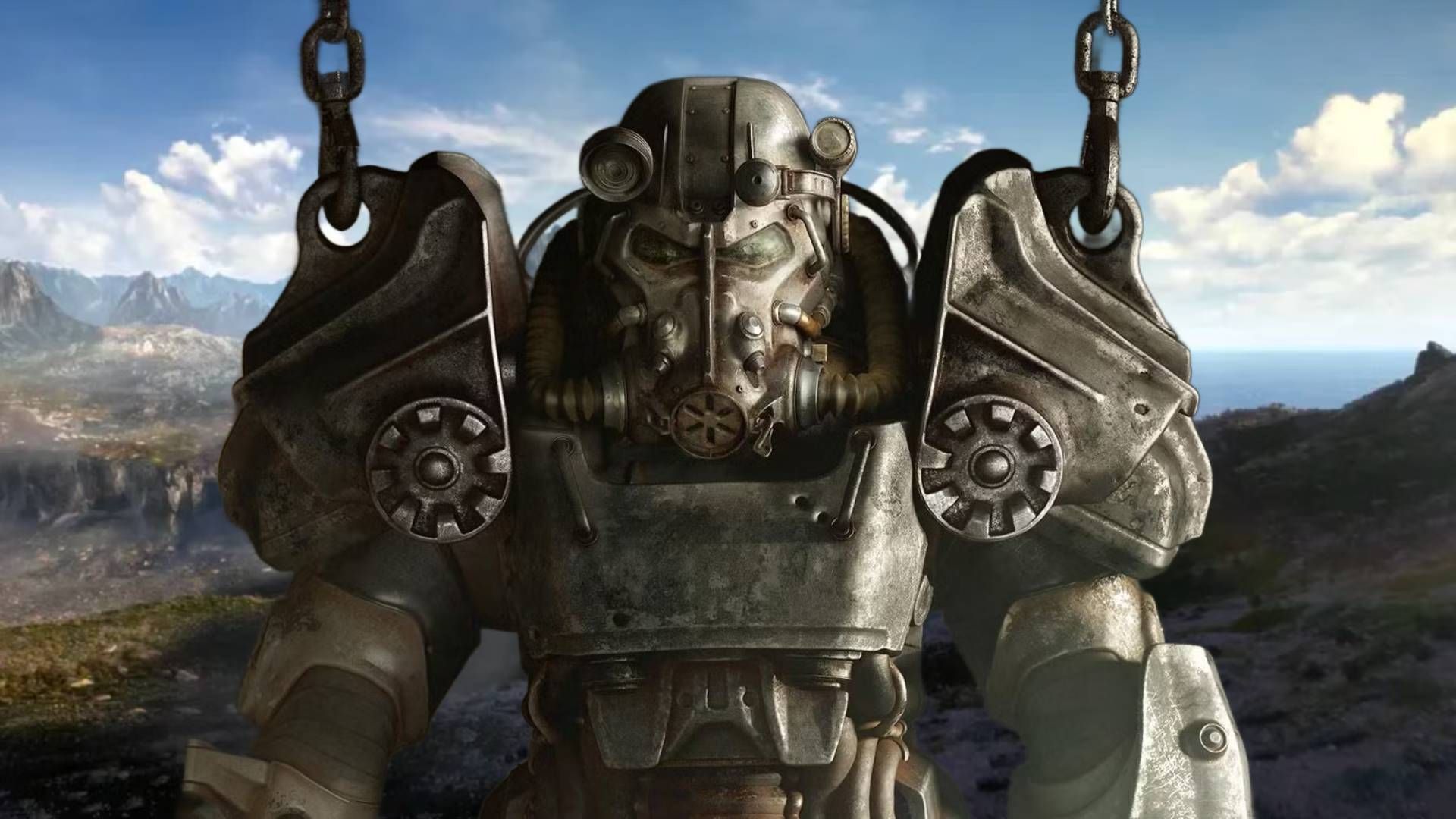 Fallout 4 Power Armor with The Elder Scrolls 6 announcement image in the background.