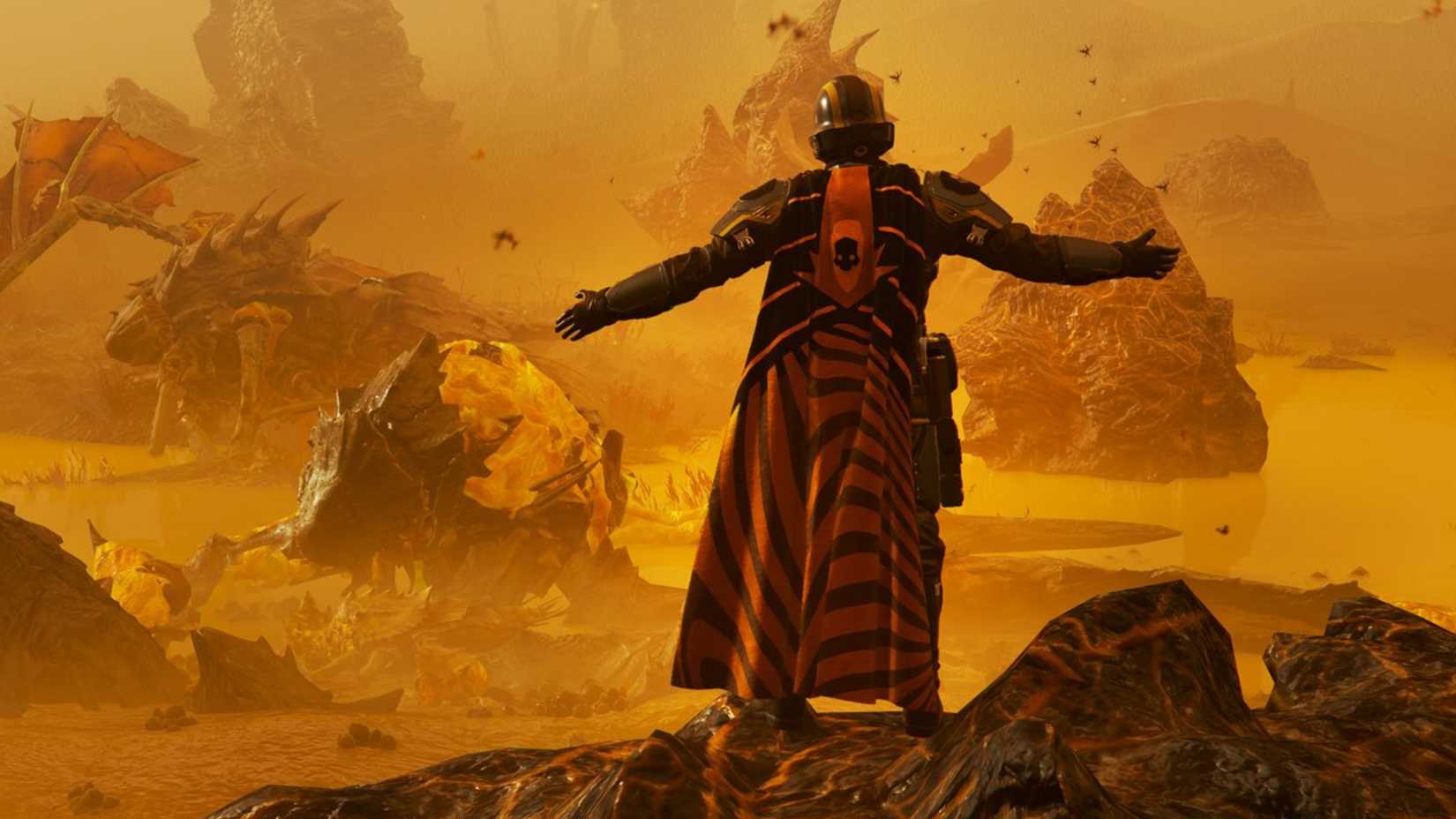 Helldivers character wearing armour and an orange cape. They stand on the planet of  Oshaune, which is very yellow and full of large alien bugs and yellow pools of liquid.