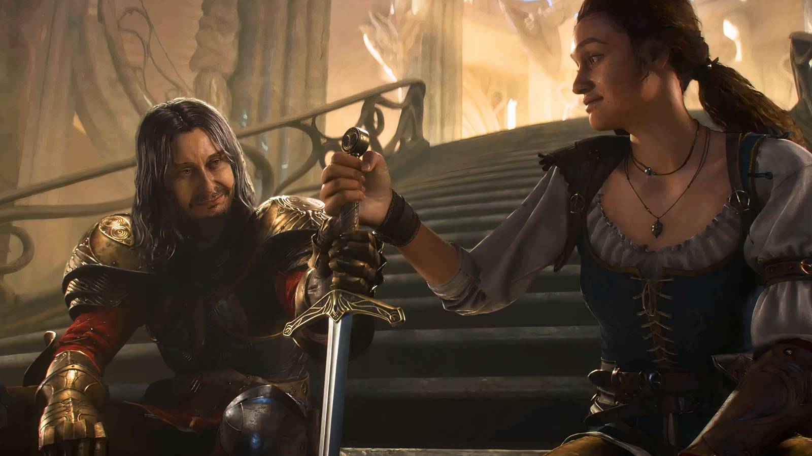 Humphrey passing a sword to the protagonist in Fable.