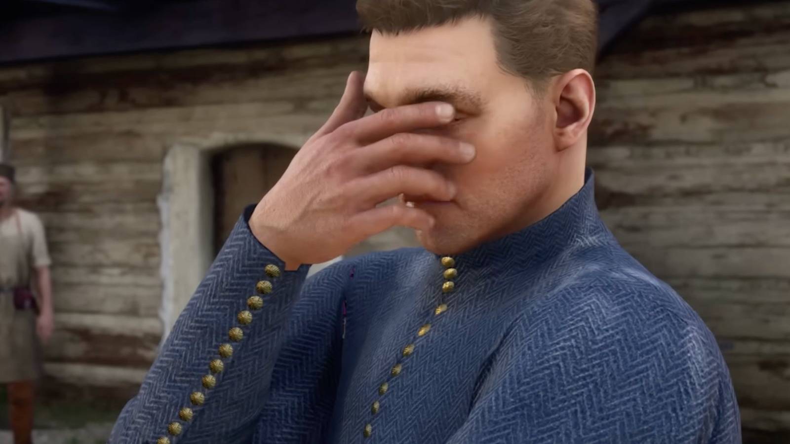 Henry facepalming in Kingdom Come: Deliverance 2.