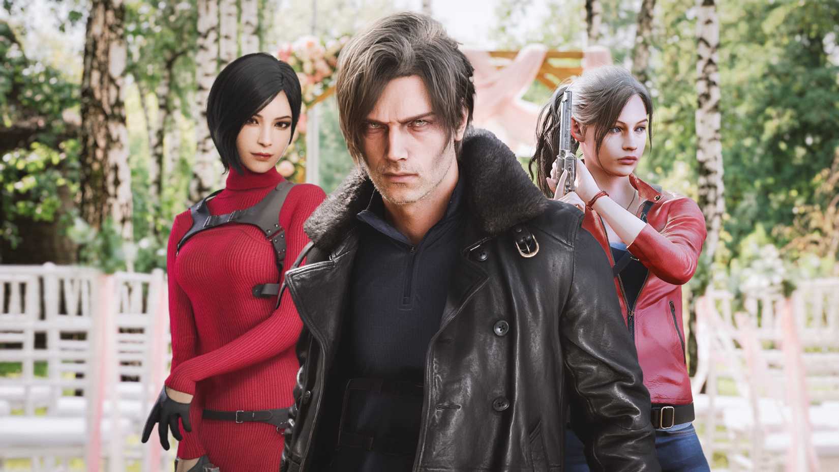 Leon Kennedy at a wedding with Ada and Claire.