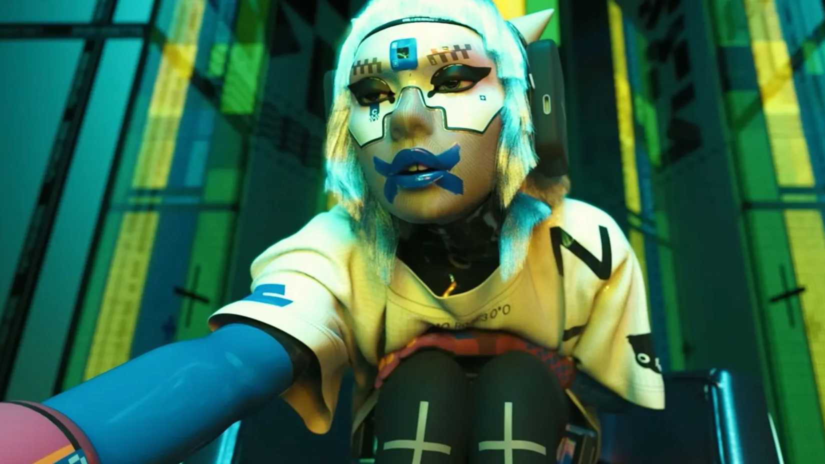 Character wearing marathon mask bent forward.