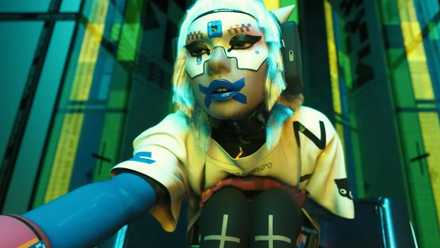Character wearing marathon mask bent forward.