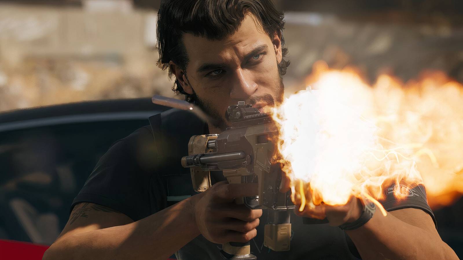 MindsEye lead character firing a gun.