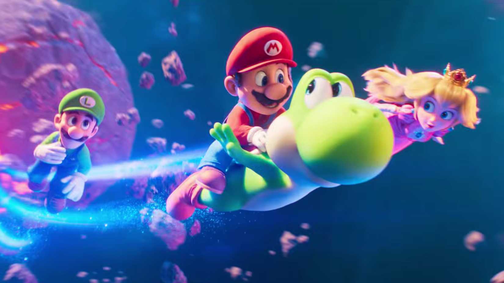 In the Super Mario Galaxy movie, Mario is riding Yoshi.