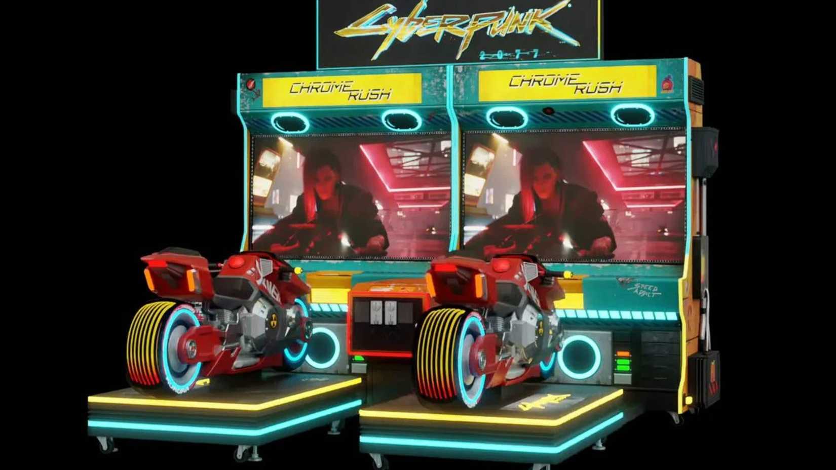 cyberpunk 2077 chrome rush motorcycle arcade cabinet.