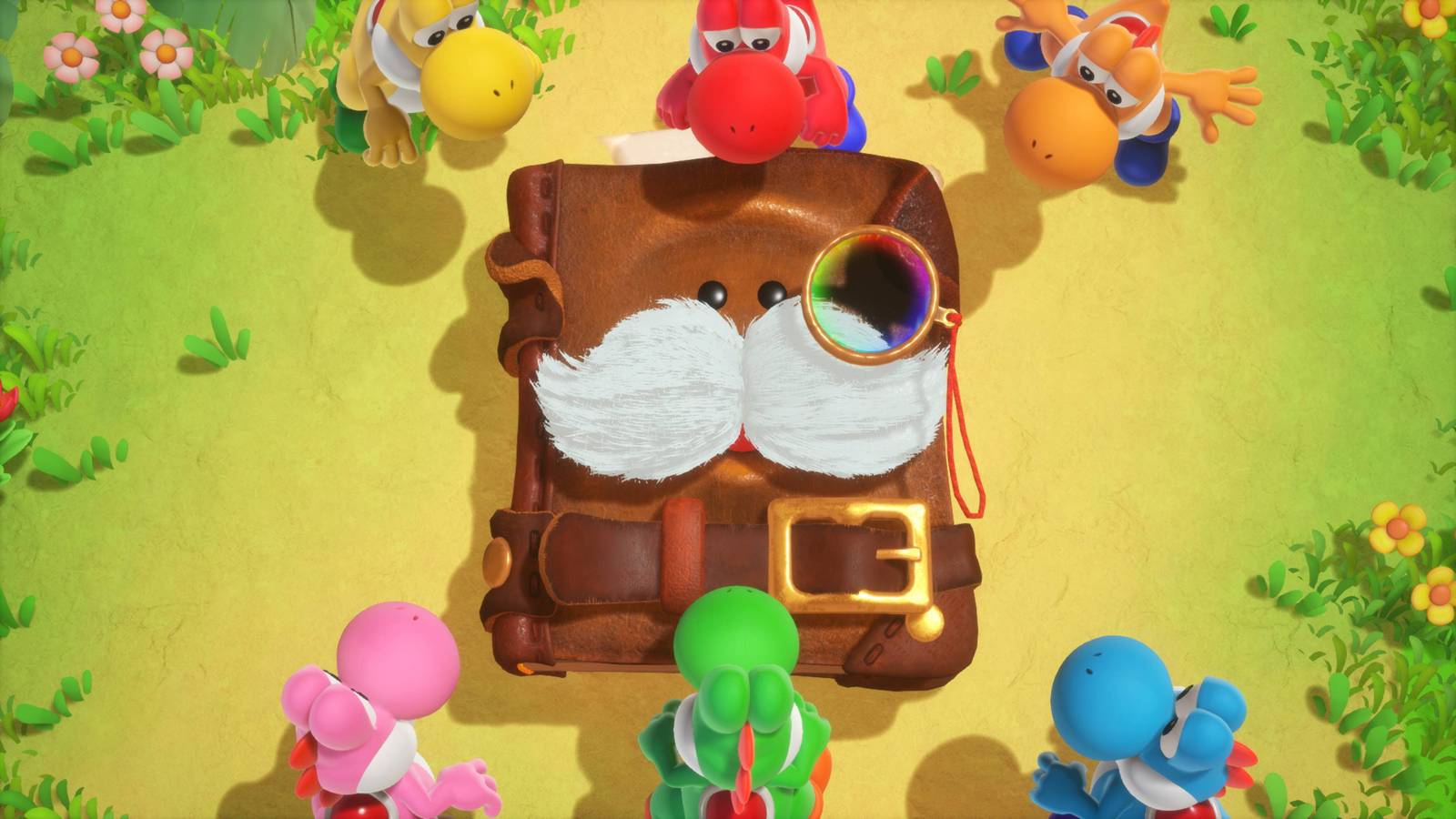 six yoshis gathered around a book with a moustache.