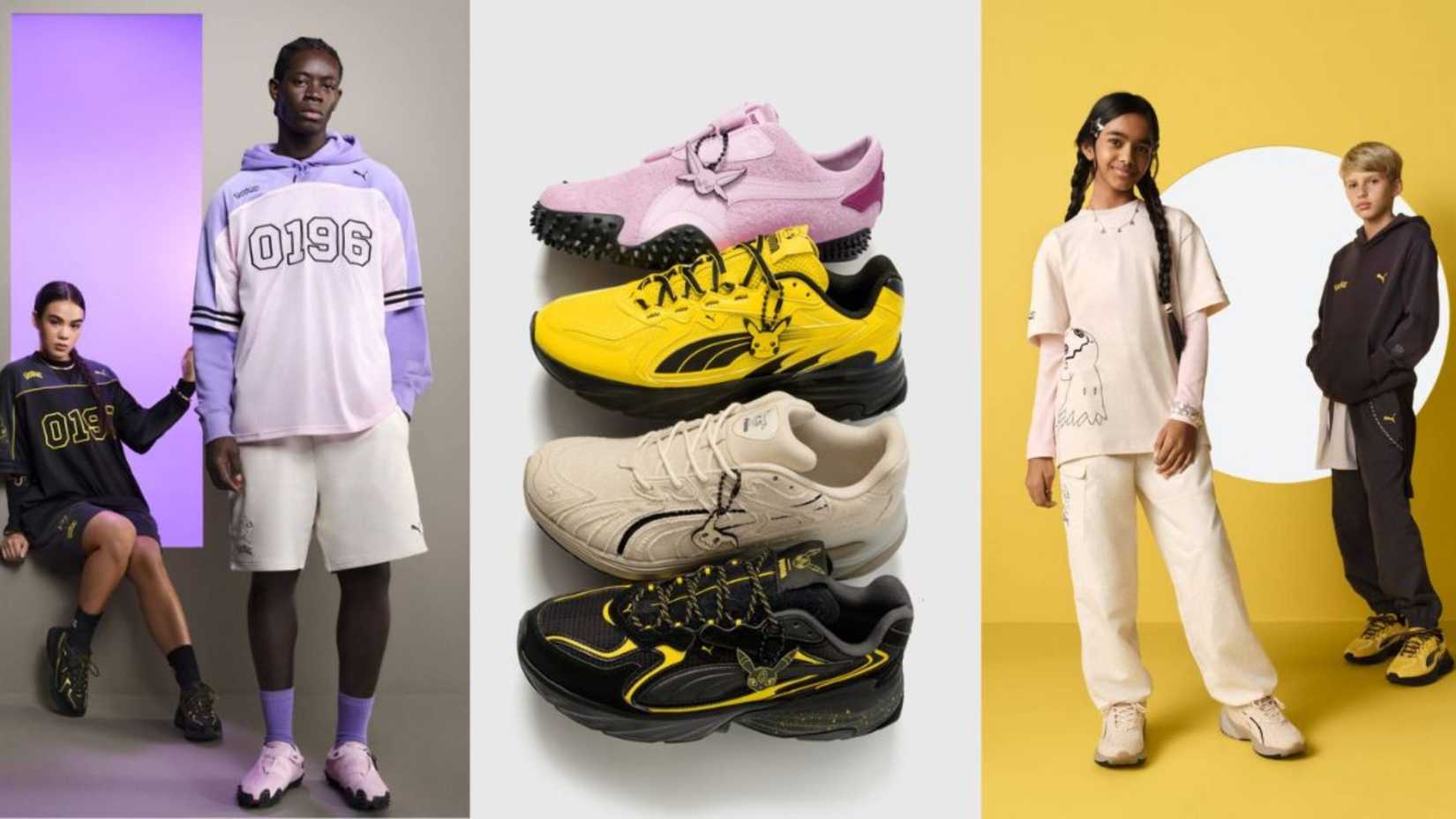 models wearing items from puma's pokemon collection and puma x pokemon sneakers.