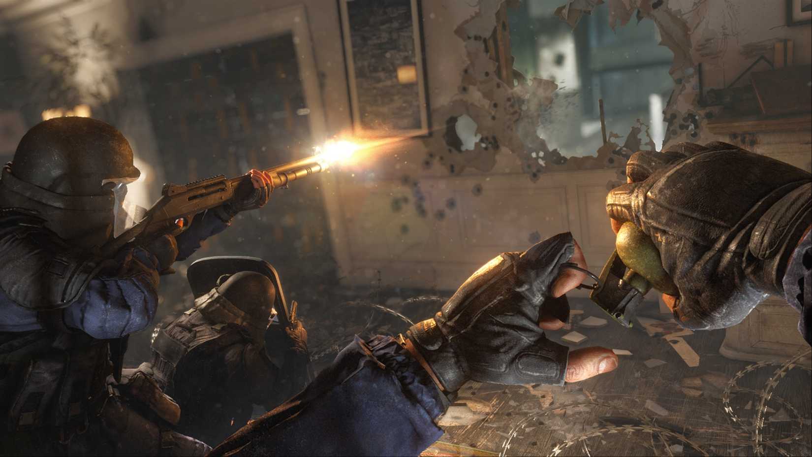 An operator cooking a grenade before tossing it through a makeshift hole in the wall to get the upper hand in combat in Rainbow Six Siege.