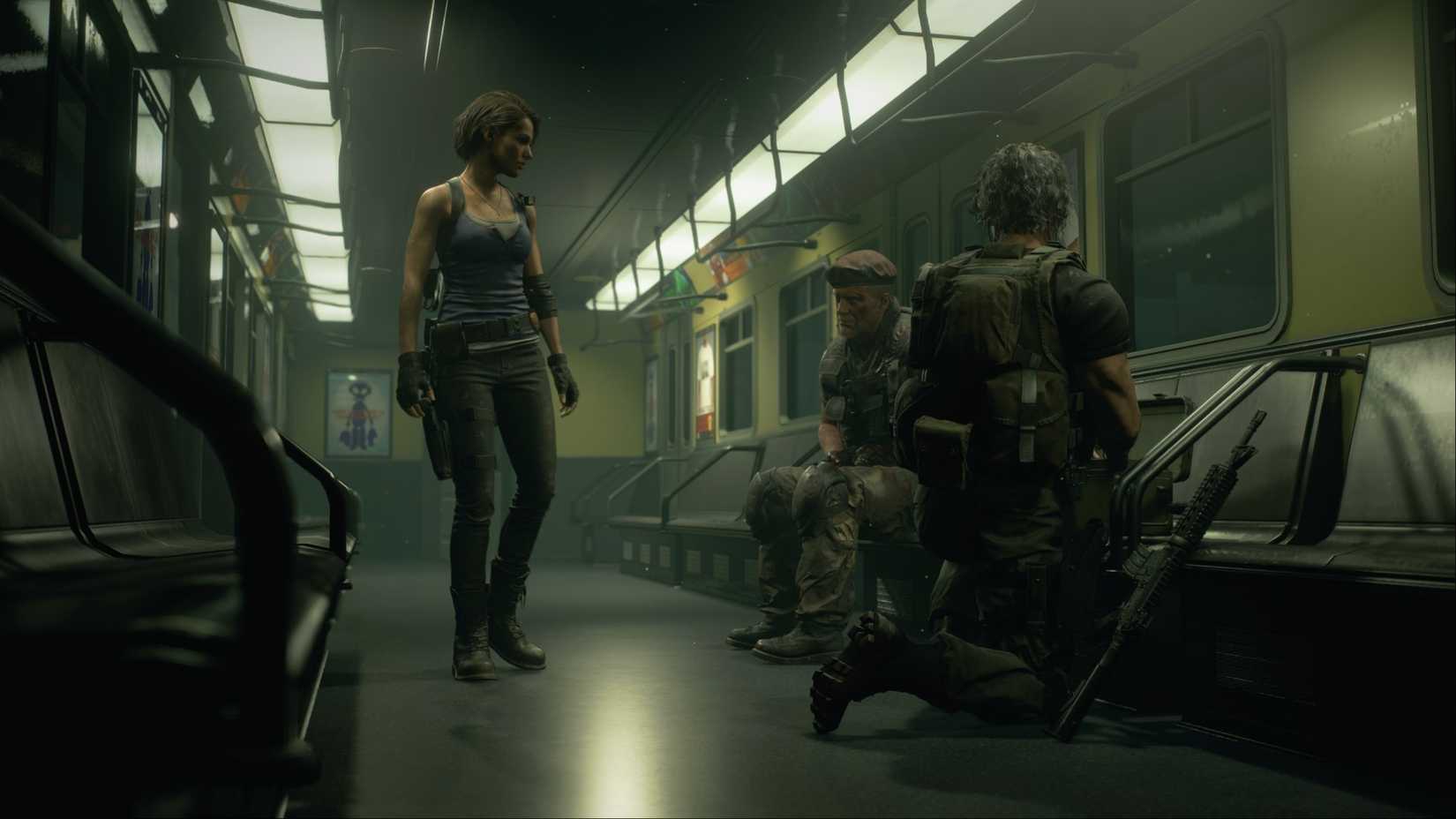 Jill Valentine approaches Mikhail Viktor and Carlos Oliveira on a train in Resident Evil 3.