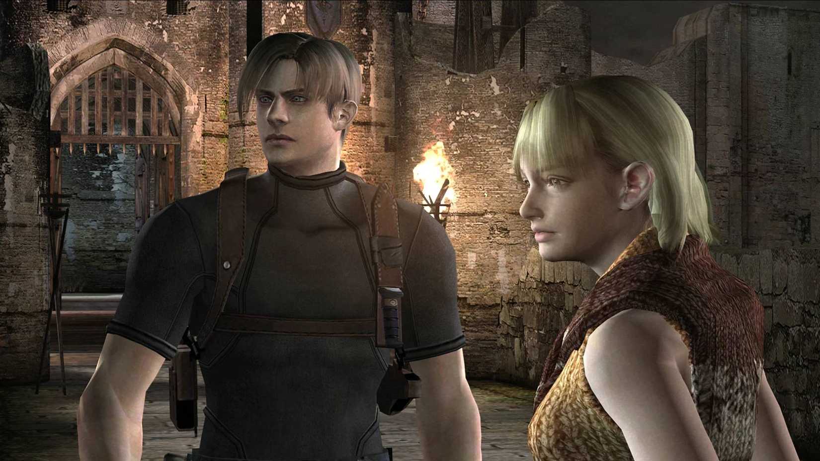 Leon and Ashley stand outside the castle in Resident Evil 4. 