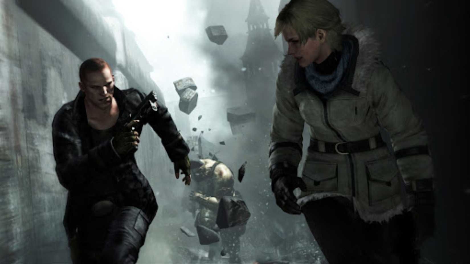 Jake Muller and Sherry Birkin escape from a rampaging Ustanak in Resident Evil 6.