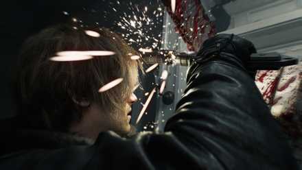 Leon fires a chainsaw with his ax in Resident Evil Requiem.