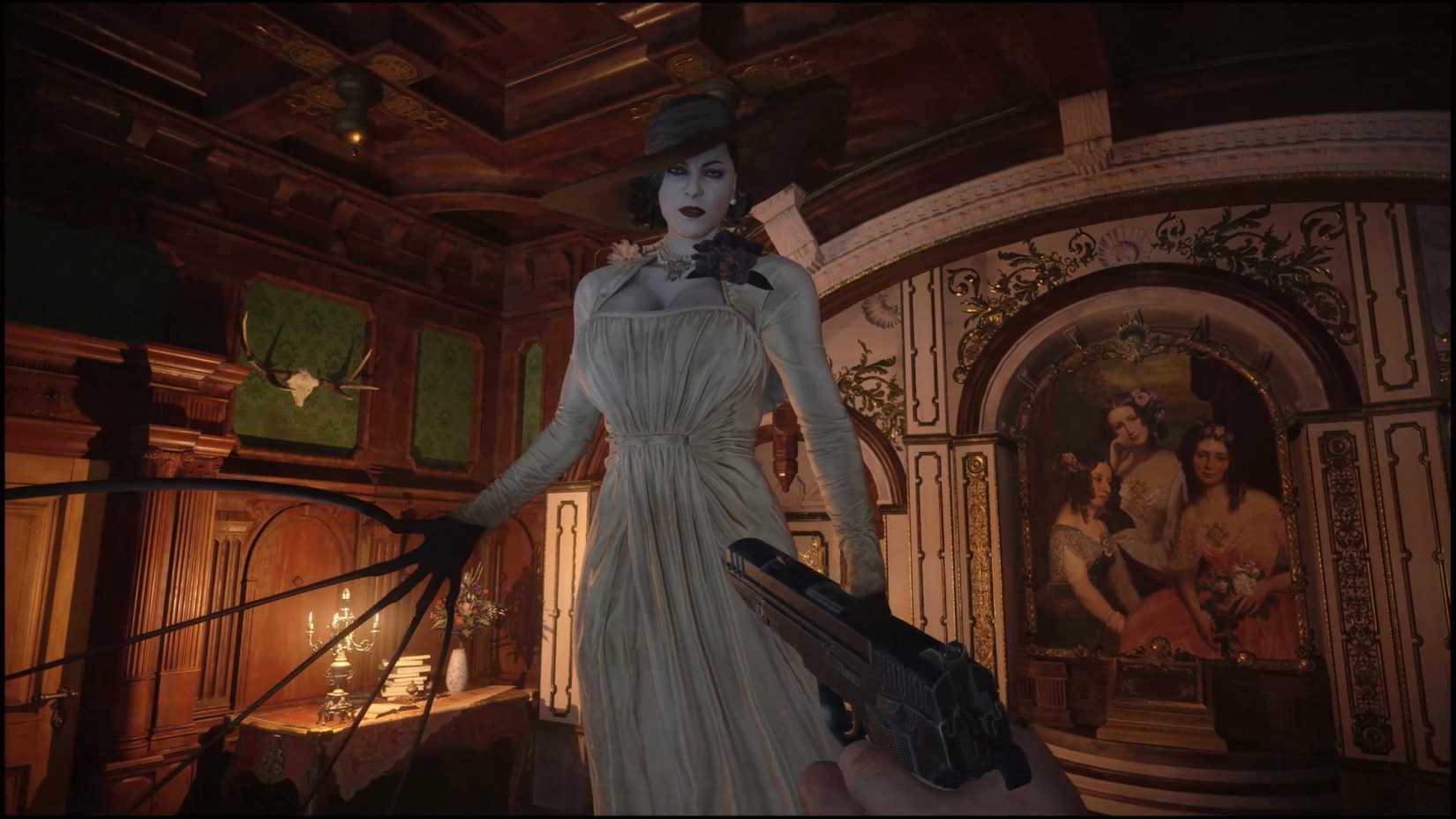 Ethan Winters points his gun at Alcina Dimitrescu as she bares her claws in Resident Evil Village.