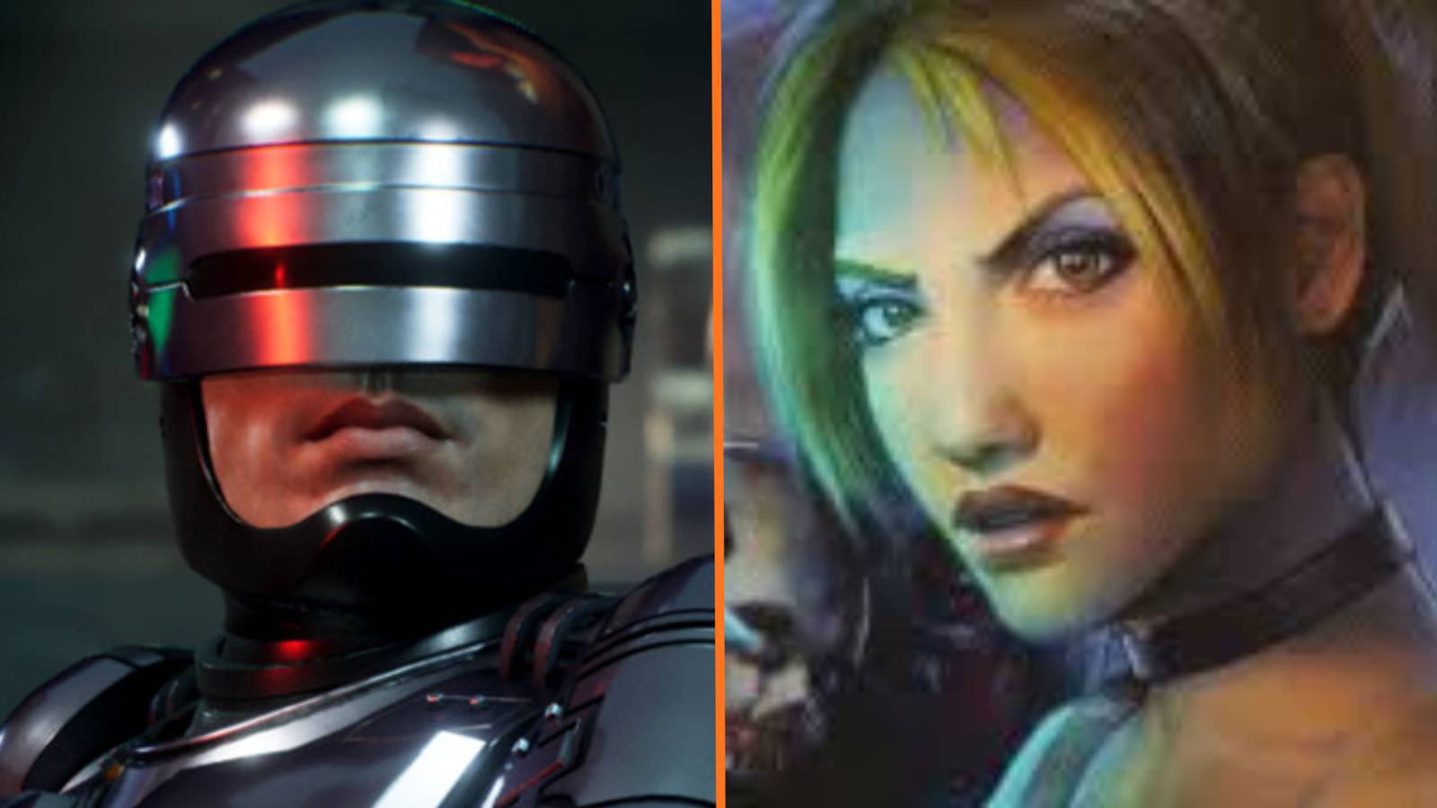 A split image of Robocop from Robocop: Rogue City and a character from Hunter: The Reckoning.