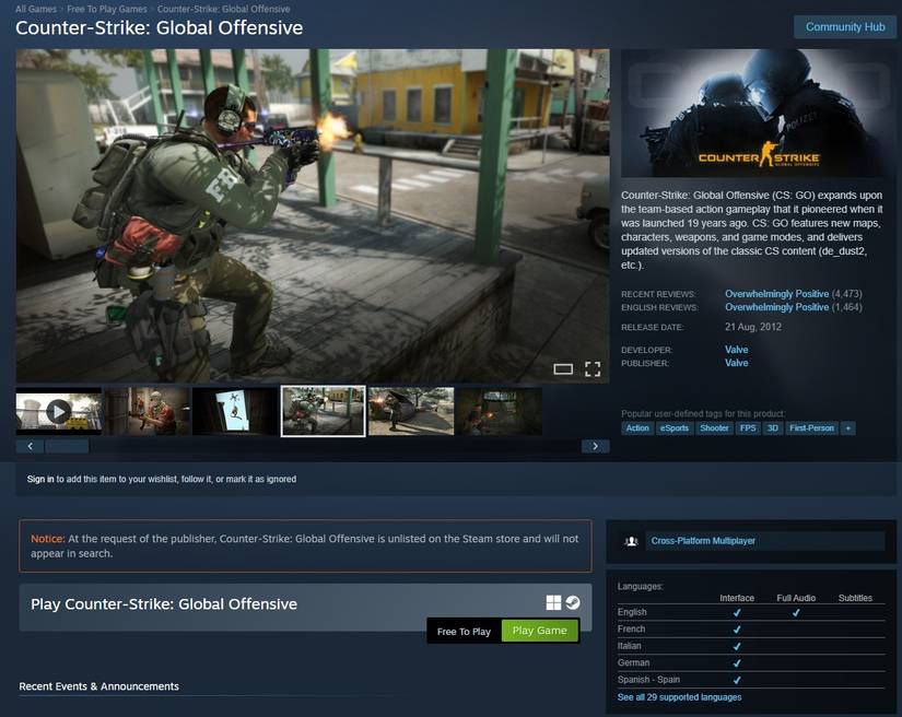 Counter-Strike: Global Offensive Steam page.
