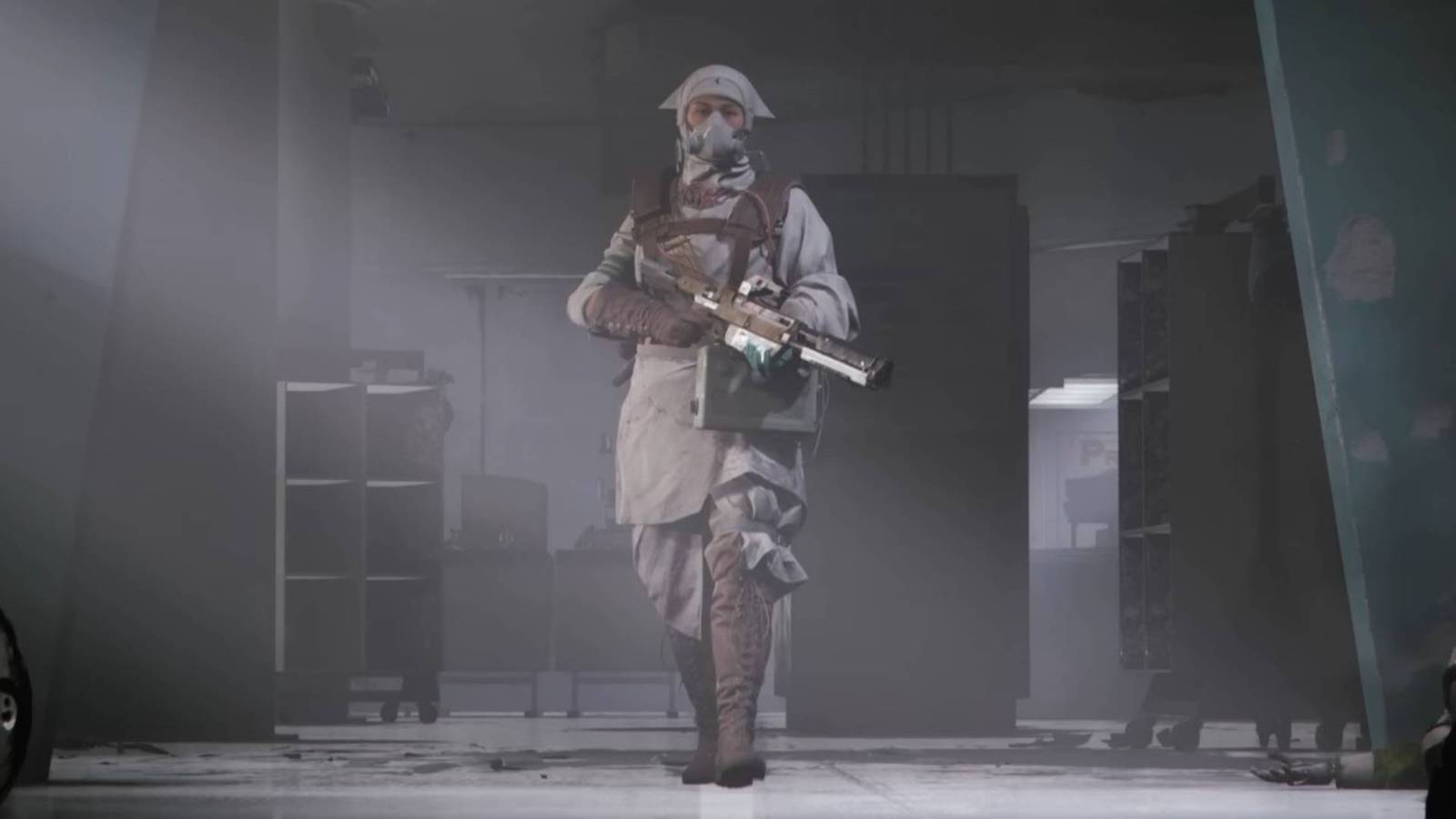 A nurse walking down a hallway with a gun in Arc Raiders.