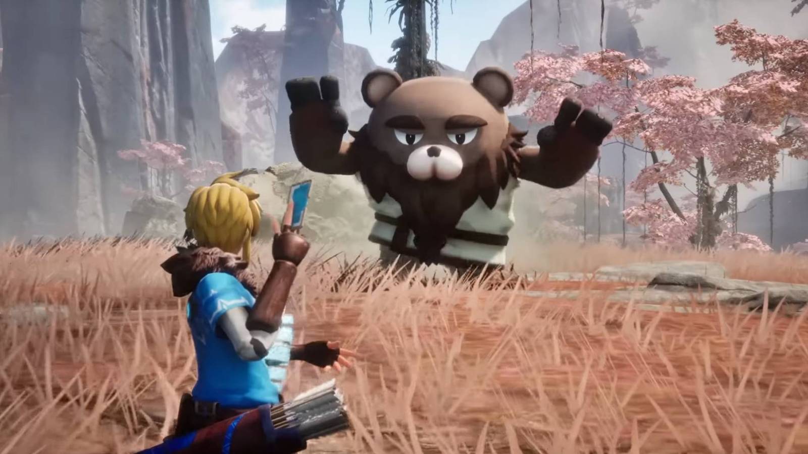 A bear-like monster running towards a character holding up a card in Pickmon.