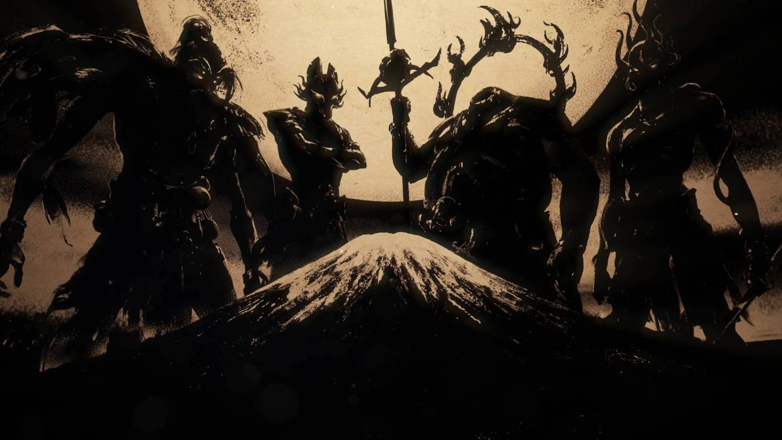 Silhouettes of a spider, kitsune, oni, and snake standing on Mount Yotei in Ghost of Yotei: Legends.