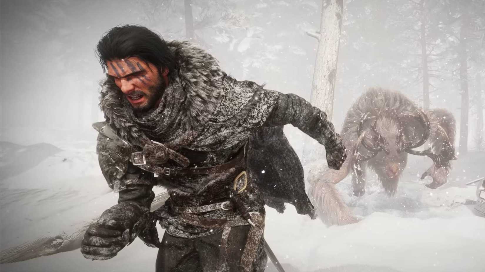 Cliff running from a horned beast in the snow in the Crimson Desert.