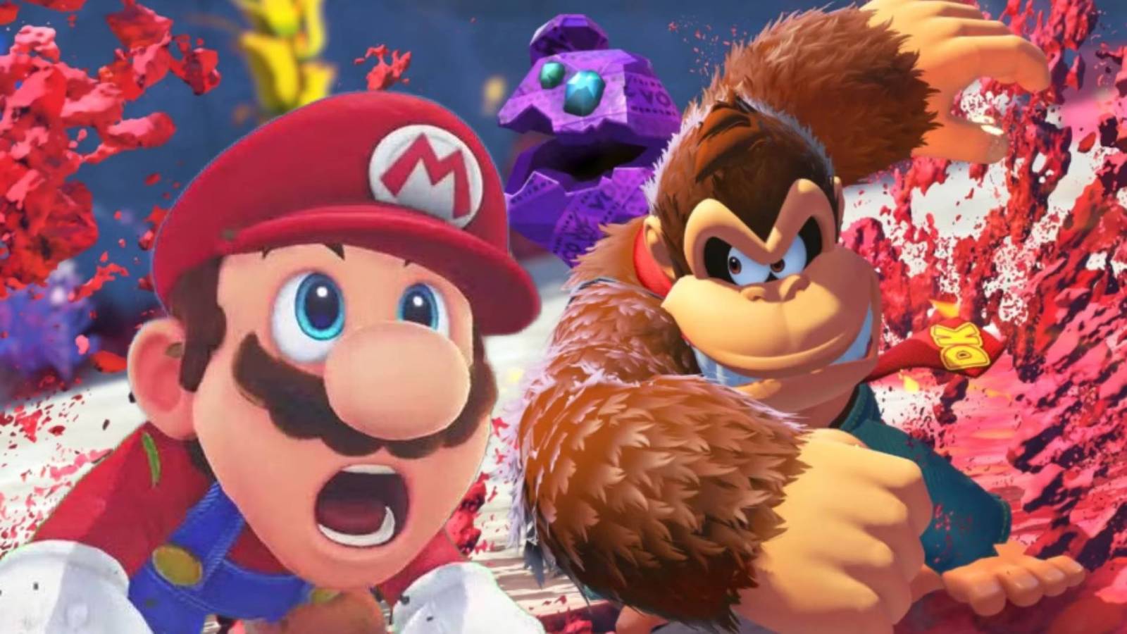Shocked Mario from Super Mario Odyssey and Donkey Kong from Donkey Kong Bananza.