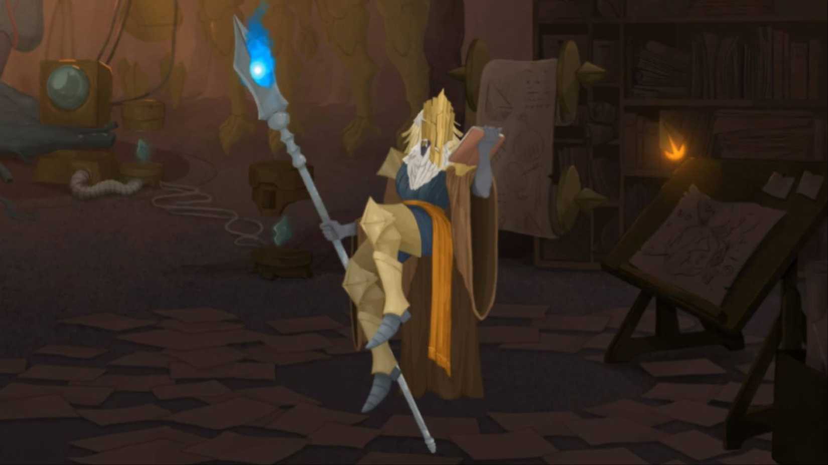 The Architect floating in the air while reading a book in Slay the Spire 2.