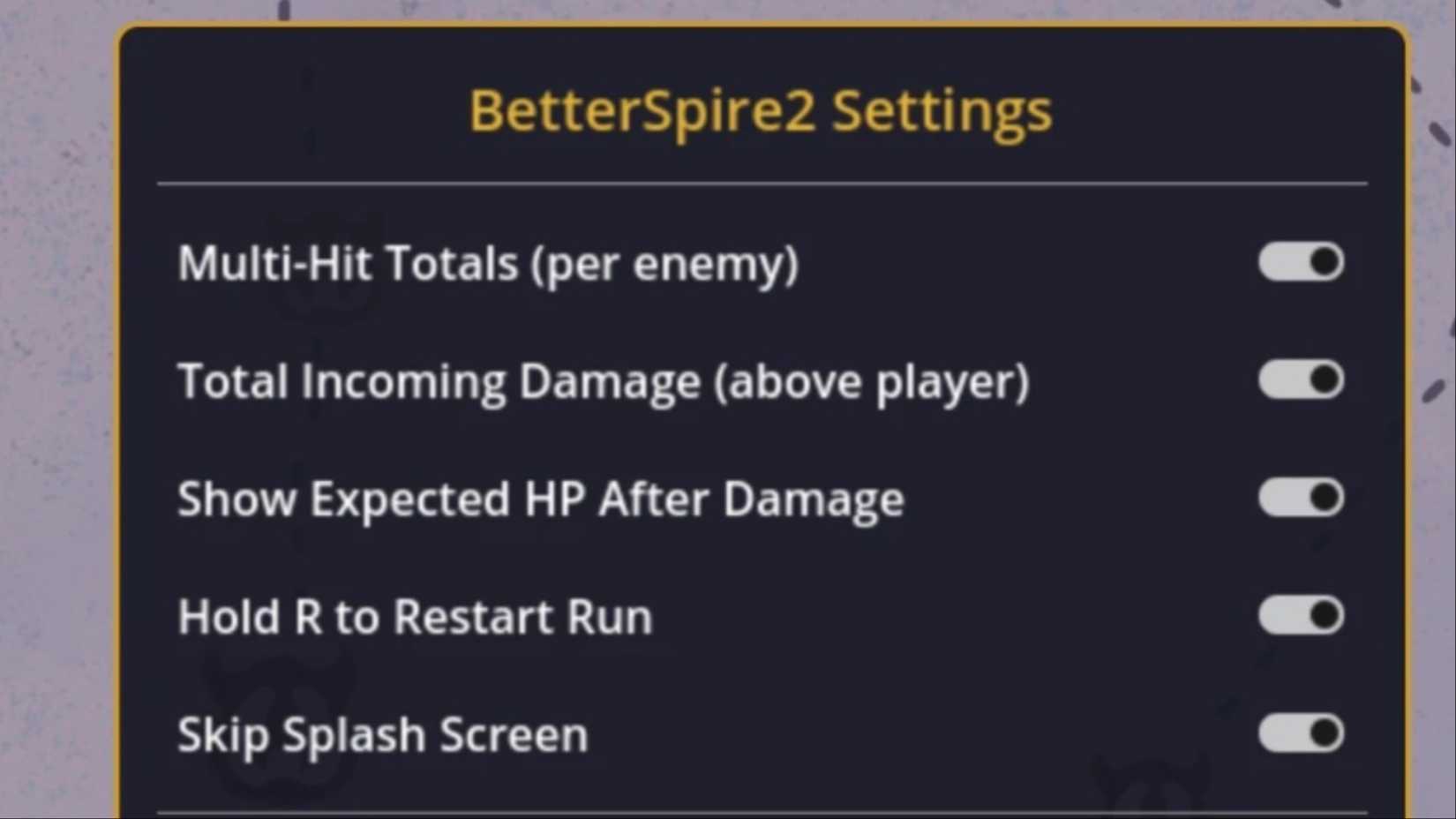 Shows a list of settings you can turn on and off through Slay the Spire 2's Better Spire 2 mod.