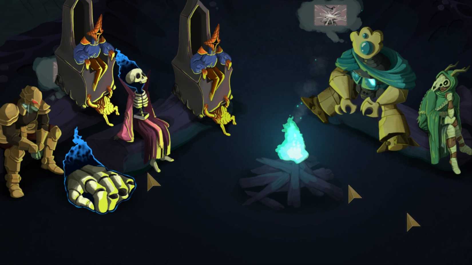 An image showing six or more players relaxing by the fire in Slay the Spire 2 thanks to the multiplayer restrictions removal mod.