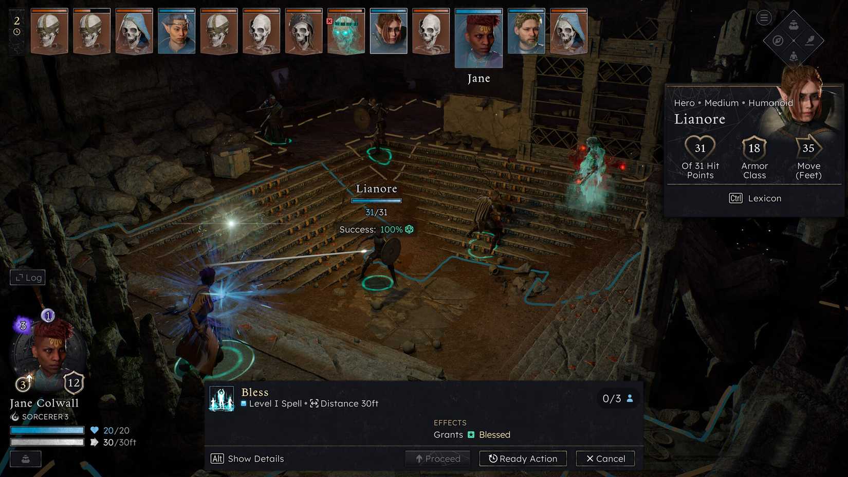 Solasta 2 combat screen, showing the character's turn-based combat.
