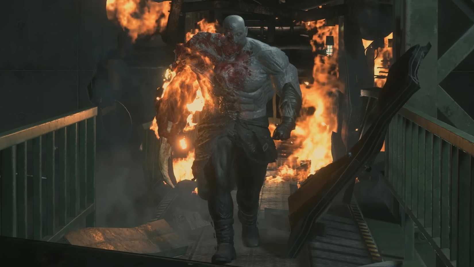 Super Tyrant on fire in Resident Evil 2 remake.