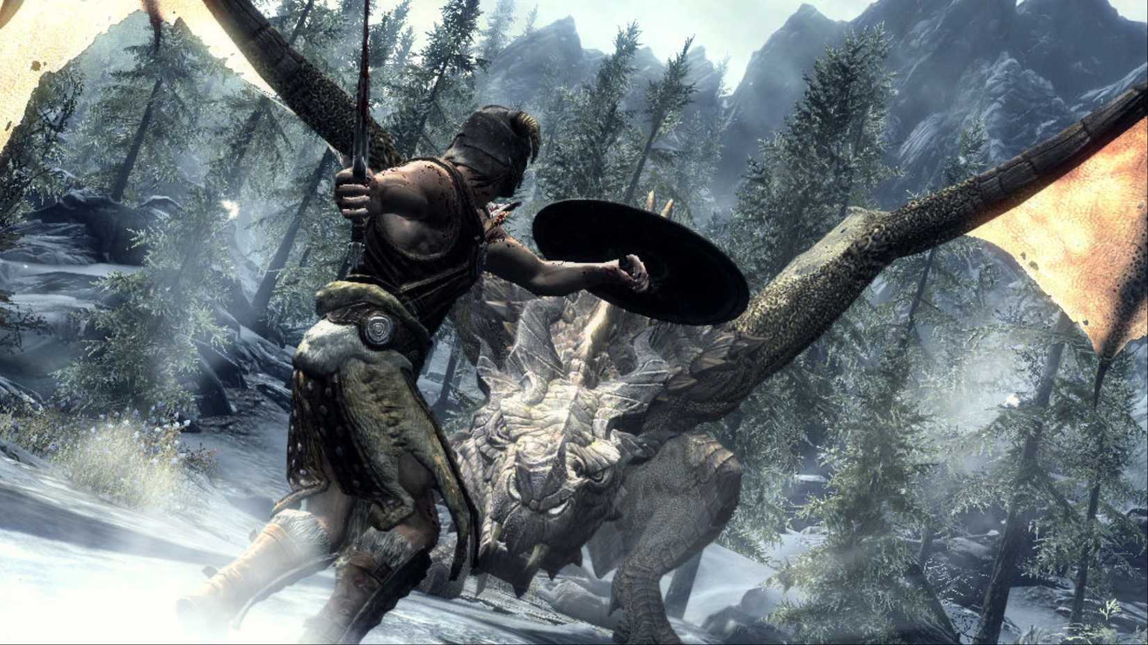 The Dovahkiin squaring off against a dragon in The Elder Scrolls V: Skyrim.
