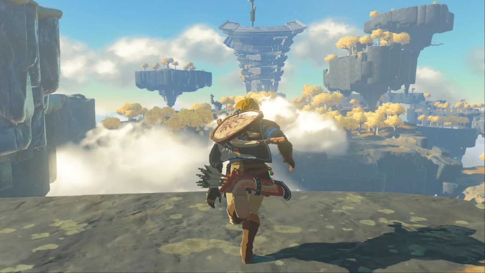 Link running towards the end of a sky island in The Legend of Zelda: Tears of the Kingdom.