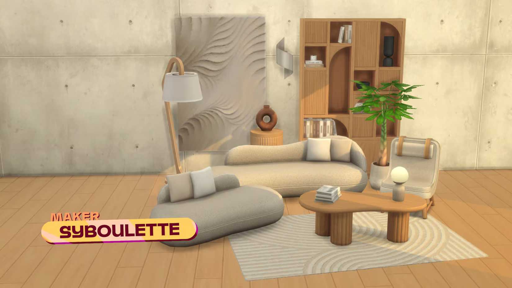 The Sims 4 paid mod furniture displayed in a beige house.