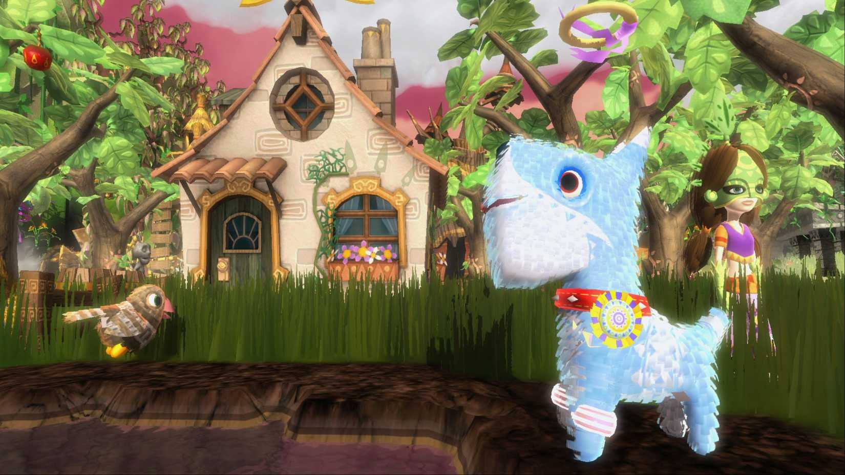 A piñata running in front of a house and tall grass in Viva Piñata.
