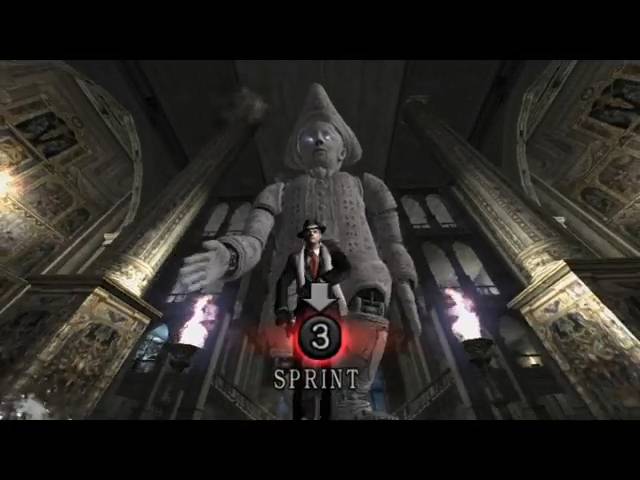 Leon runs away from a giant robot in Resident Evil 4.