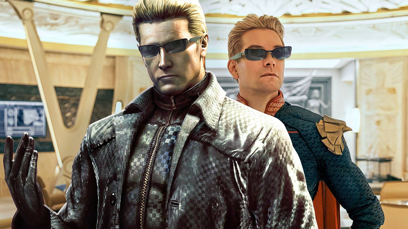 Wesker in front of Antony Starr as Homelander with sunglasses on.
